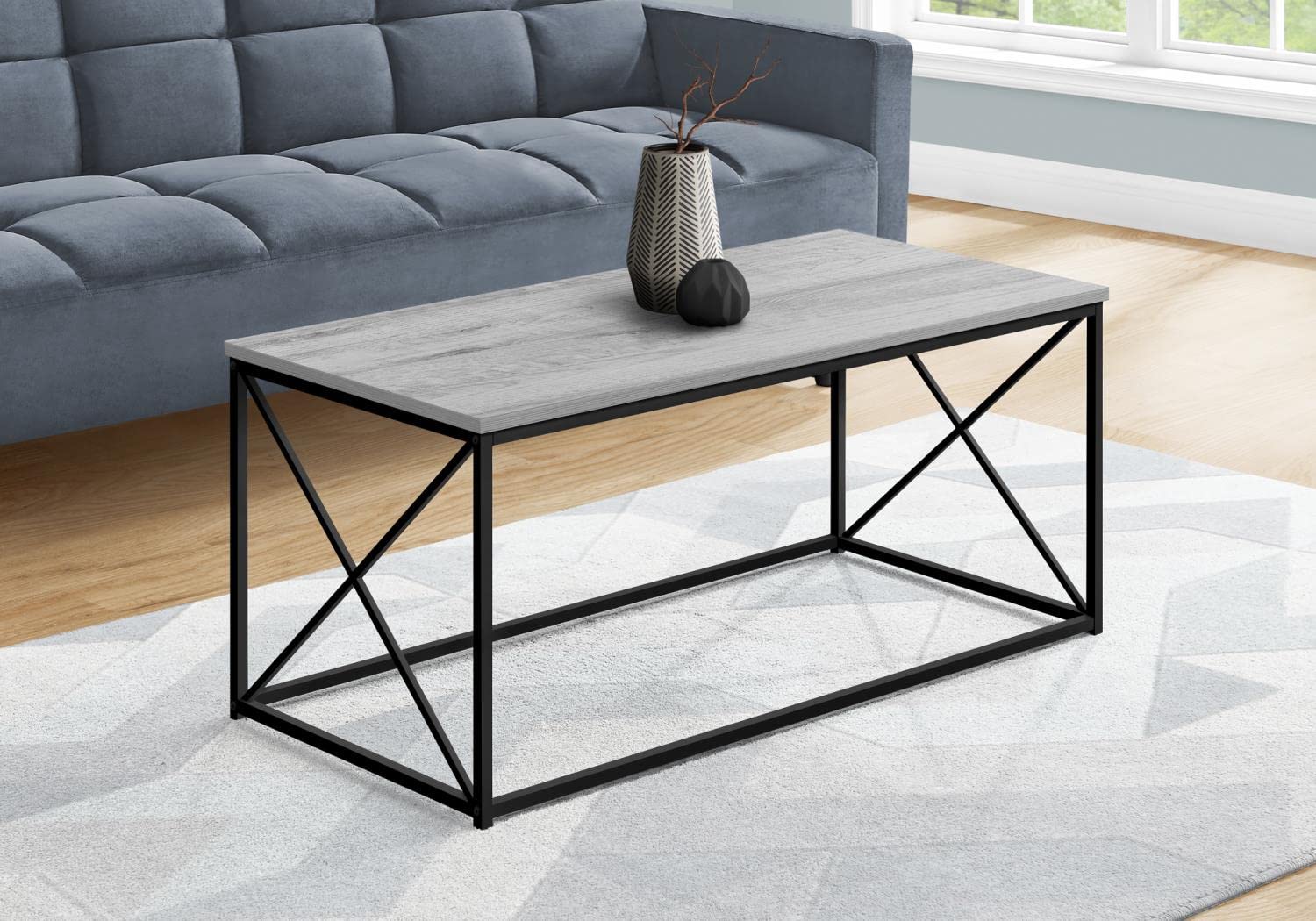 Monarch Specialties 3782 Coffee Table, Accent, Cocktail, Rectangular, Living Room, 40" L, Metal, Laminate, Contemporary, Modern Table-40, 40.5" L x 20" W x 18" H, Grey Wood-Look/Black